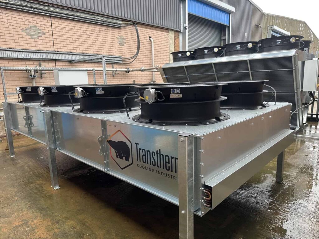 Free cooler providing winter ambient cooling to reduce compressor run hours on an industrial chiller system.